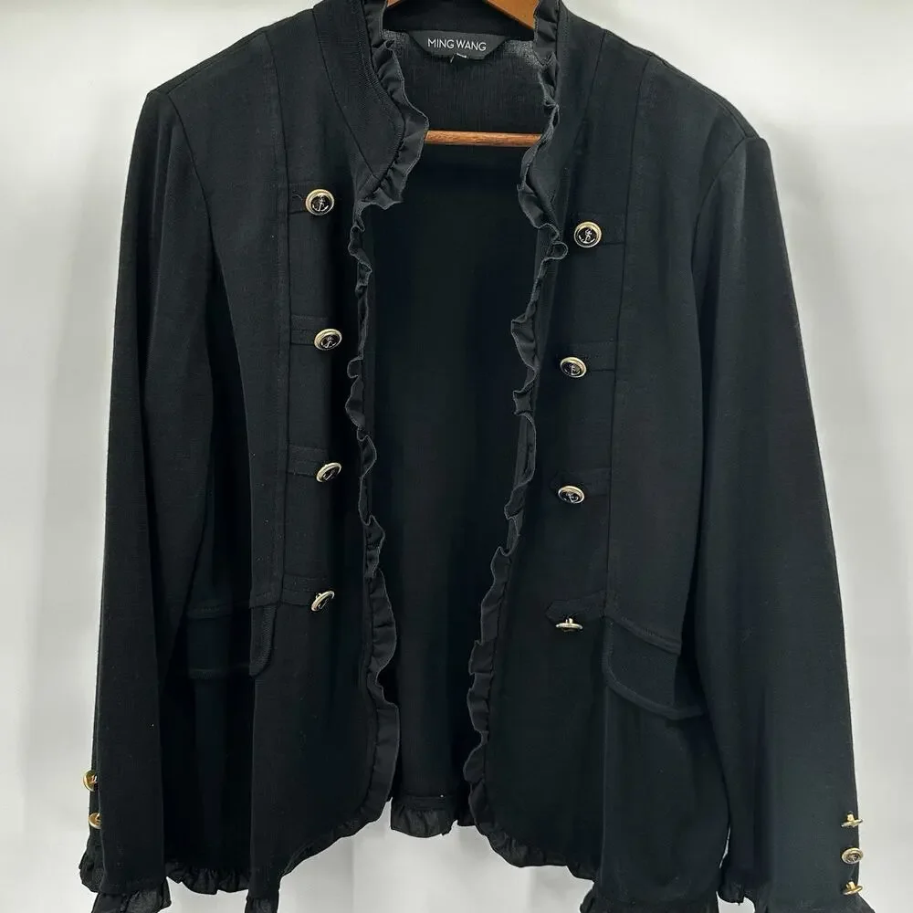 Ming Wang Cardigan Jacket Women Large Petite Black Ruffle Anchor Button Nautical